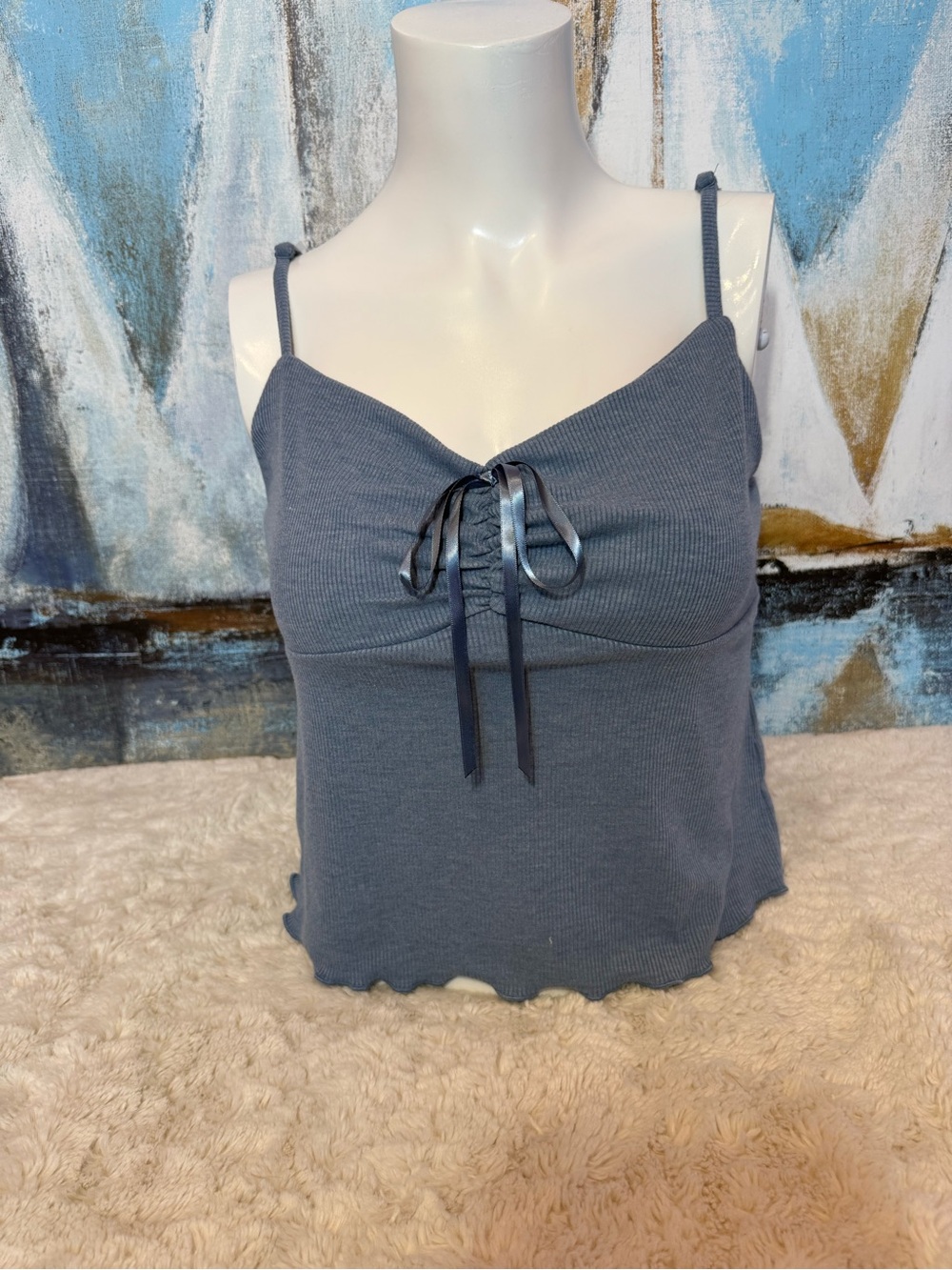 Rewind Slate Blue Ribbed Cami with Center Bow